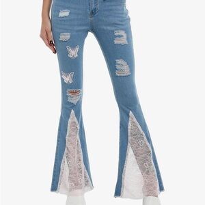 Hot Topic Light Blue & Pink Butterflies Flare Jeans  - Size M